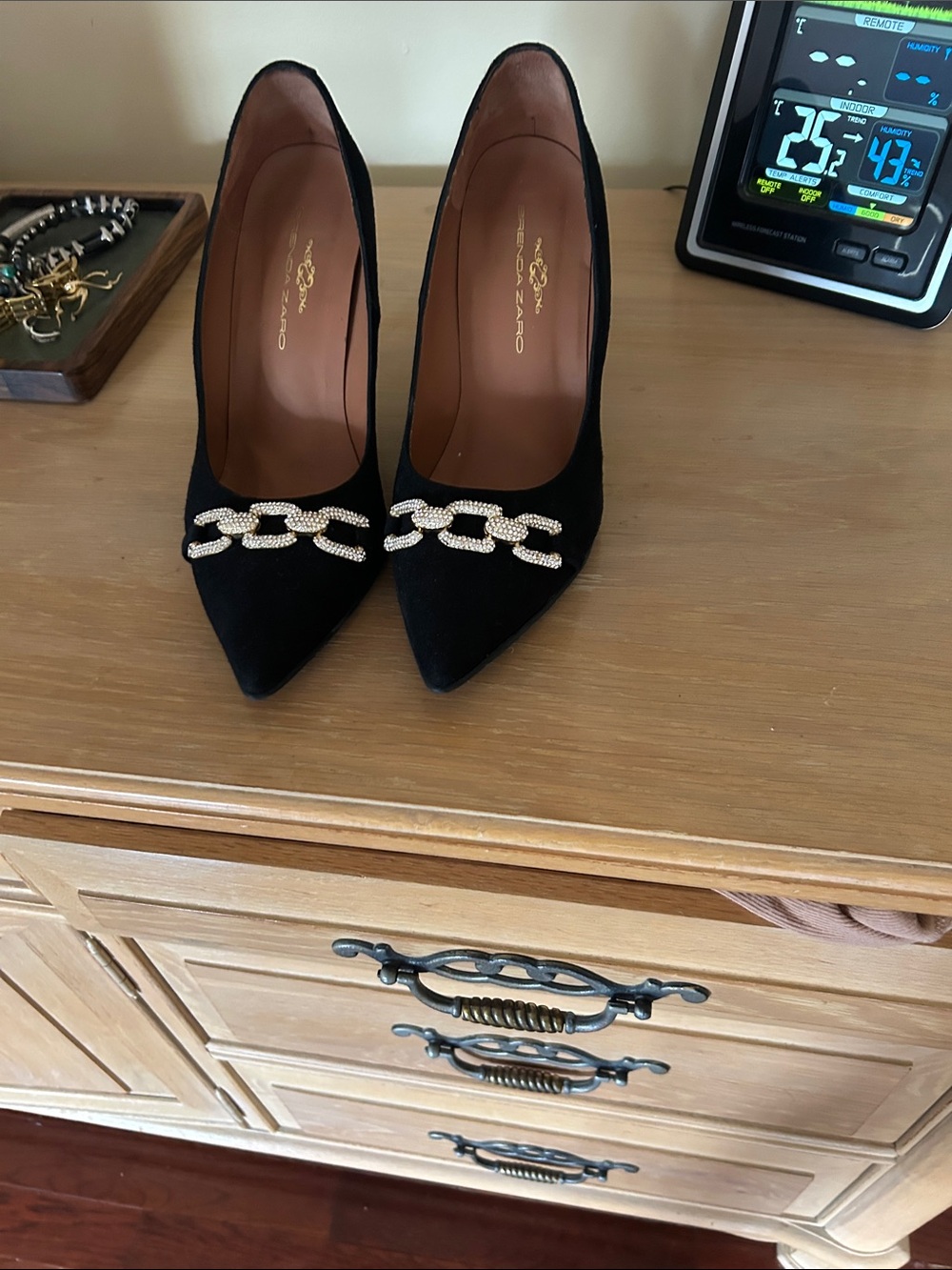 Black Pointed-Toe Pumps with Crystal Chain